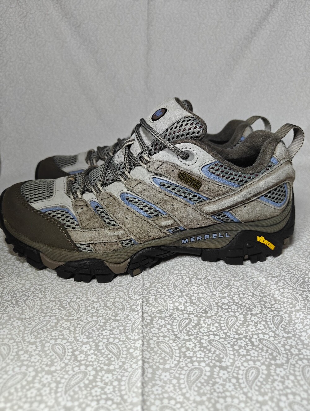 Merrell Women's Moab 2 Waterproof Grey Light Blue Vibram Hiking Shoes Size 7